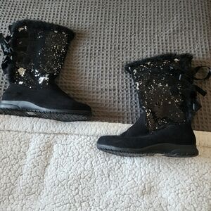 Black Sequin Boots with Fur Trim